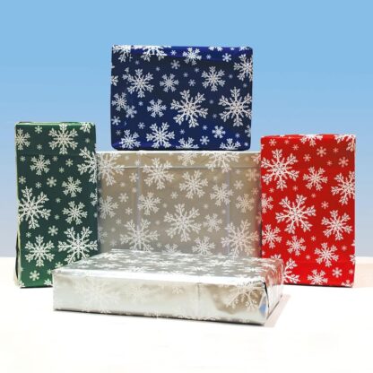 Snowflake gift wrap with tags