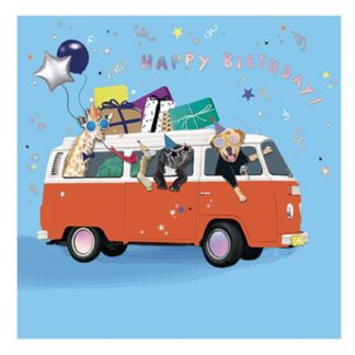 Camper van happy birthday card animal party theme