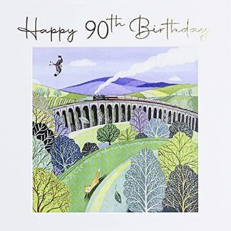 Male 90th 'Happy Birthday' Card - Age 90 - Artistic Design by Lucy Grossmith - Steam Train in The Countryside - For HIM - Foil Finish