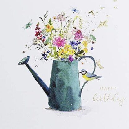 General Female 'Happy Birthday' Card - Lovely Artistic Design with Watering Can, Flowers and Blue Tit - Foil Finish