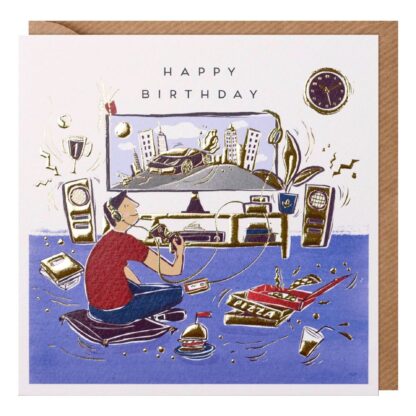 Gaming Boy Birthday Card Male Happy Birthday Greeting Card for Male/Teenager Computer Game and Pizza
