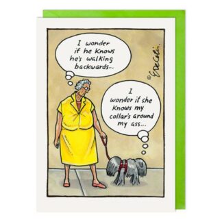 Humorous Walking Backwards Greeting Card blank inside