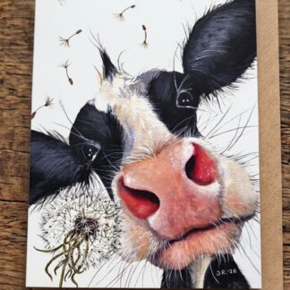 Dandelion Dreams greetings card by Jurga Ryan Art blank inside cow design