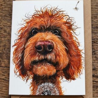 Blown Away greetings card by Jurga Ryan Art blank inside dog design