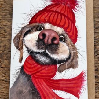 May the Dog Be With You greetings card by Jurga Ryan Art blank inside cute dog with woolly hat and scarf