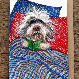 Duvet Day greetings card by Jurga Ryan Art blank inside cute dog in bed