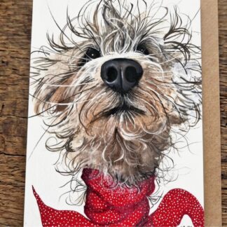 Noodles II greetings card by Jurga Ryan Art blank inside dog with red scarf