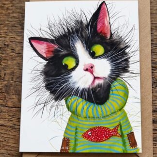 Smitten Kitten greetings card by Jurga Ryan Art blank inside black and white cat in jumper