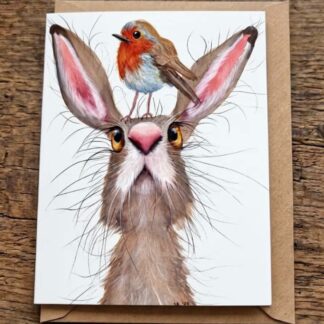 Small Talk VIII greetings card by Jurga Ryan Art blank inside robin and hare